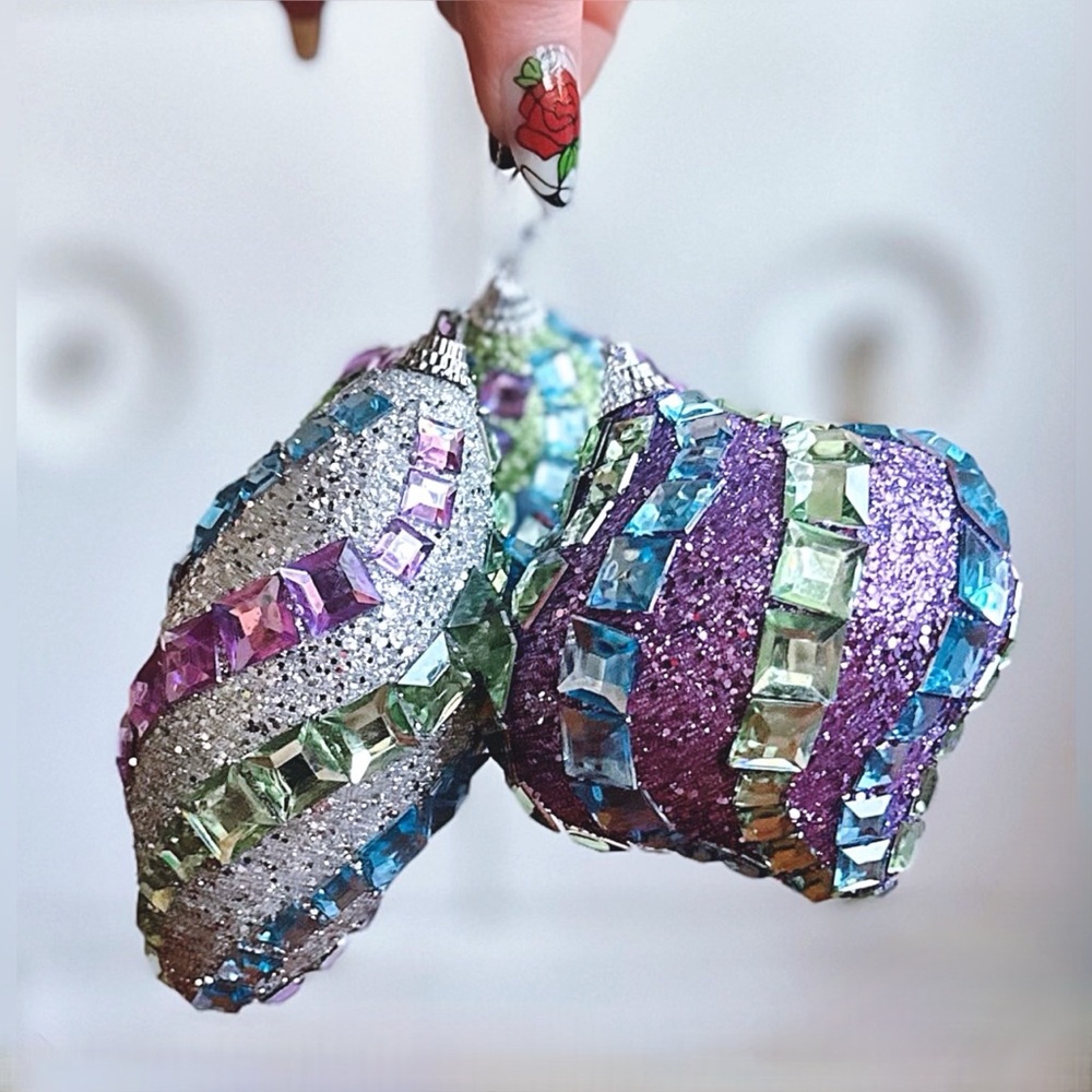 Set of 3 glittery Christmas ornaments, each featuring a unique design & shape